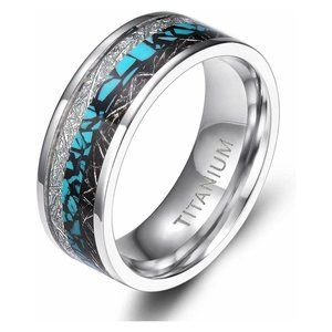 Men's Titanium Wedding Band 8mm. Colorful Ring w/ Turquoise Inspired Meteorite